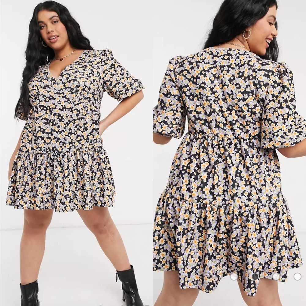 ASOS DESIGN Curve textured tiered mini dress in purple and orange floral print